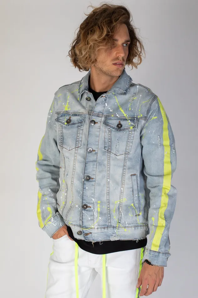 Intimate Play Dildos MENS NEON YELLOW PAINT SPLATTER DENIM JACKET