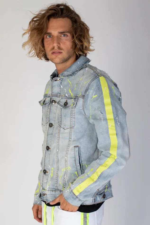 Intimate Play Dildos | MENS NEON YELLOW PAINT SPLATTER DENIM JACKET