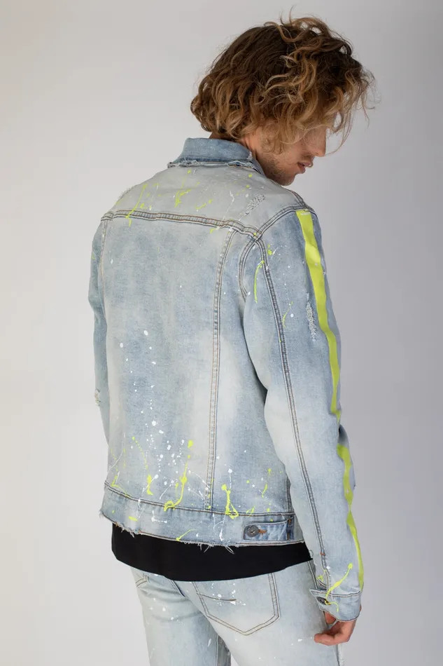 Intimate Play Dildos | MENS NEON YELLOW PAINT SPLATTER DENIM JACKET