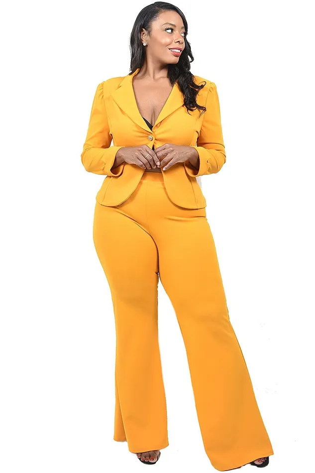 Plus Size Plus Size 2pc One Button Casual Yellow Suit Jacket Wide Leg Pants Suit Intimate Play