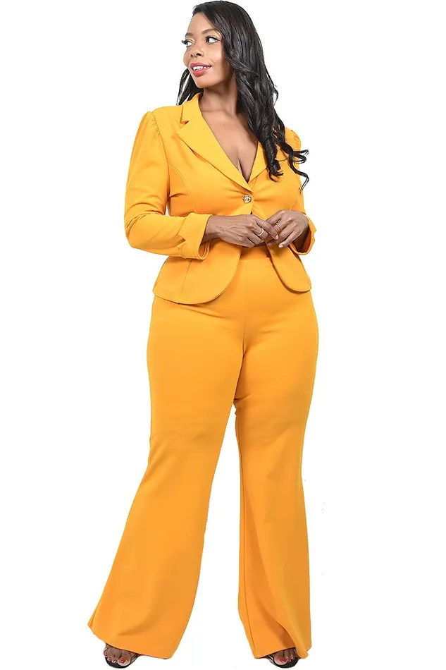 Plus Size | Plus Size 2pc One Button Casual Yellow Suit Jacket Wide Leg Pants Suit - Intimate Play