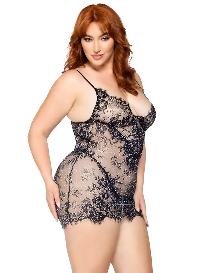 2 Pc Rhinestone Lace Dress and G-String - - Black | Leg Avenue Anal