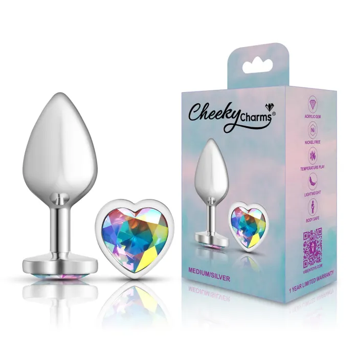 Anal | Viben Cheeky Charms - Silver Metal Butt Plug - Heart - Clear - Medium