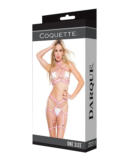 Coquette International Vibrators | Darque Pvc Harness Open Cup Halter Top & Garter Leg Bands Pink Os