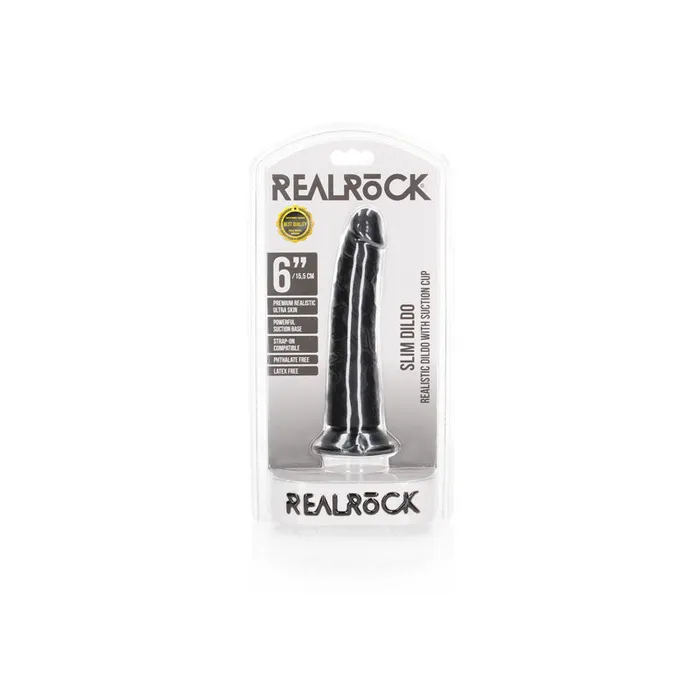 Dildos | REALROCK Realistic Slim Dildo without Balls - 15.5 cm-(rea113blk) - Shots Toys