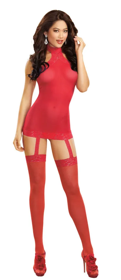 Dreamgirl Vibrators Sheer Garter Dress One Size Red