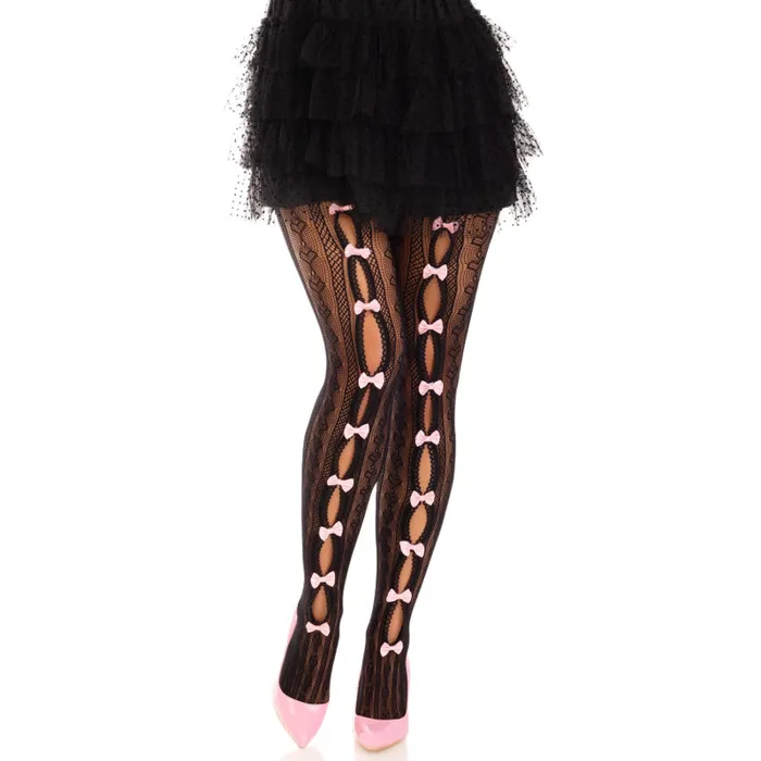 Leg Avenue Bodystockings Playsuits Sweetheart Striped Net Tights With Keyhole and Mini Bow Detail One Size Black