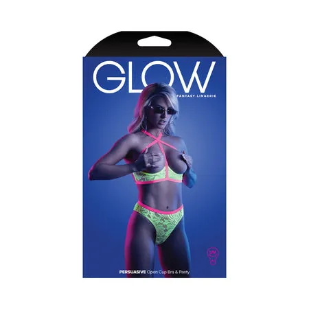 Male Sex Toys Fantasy Lingerie Glow Persuasive Contrast Elastic Open Cup Lace Cage Bra Panty Black Light Neon Green SM