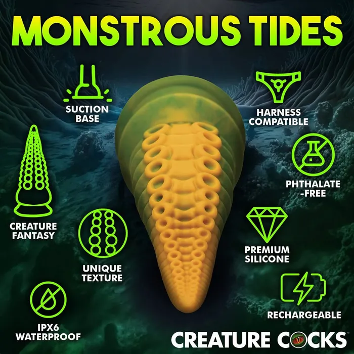 Creature Cocks Monstropus 20 Vibrating Tentacled Monster Silicone Dildo GreenYellow 185 cm USB Rechargeable XR Brands Female Sex Toys