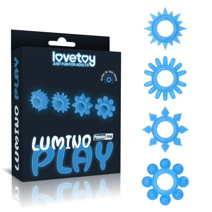 Lumino Play Penis Rings 4 Pack Glow in the Dark Blue Cock Rings Set of 4 Lovetoy Dildos