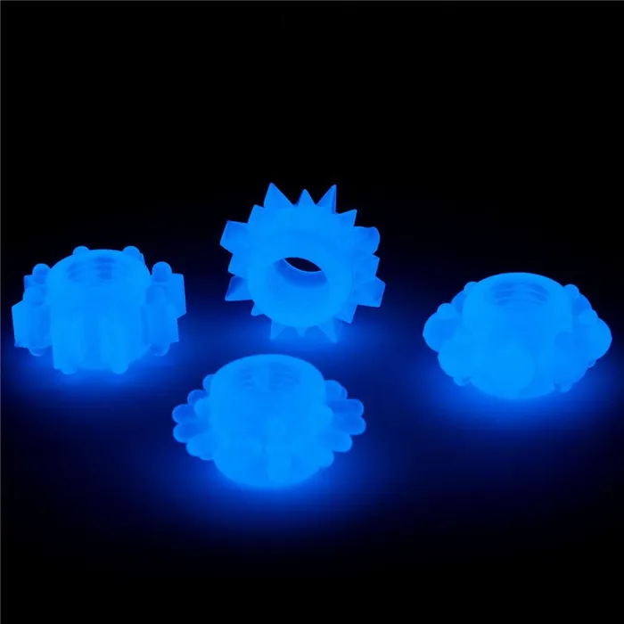 Lumino Play Penis Rings 4 Pack Glow in the Dark Blue Cock Rings Set of 4 Lovetoy Dildos