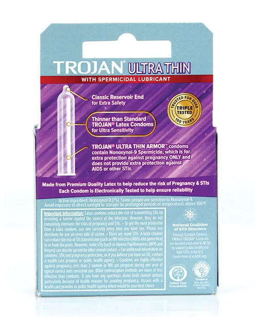 Paradise Marketing Female Sex Toys Trojan Ultra Thin Armor Spermicidal Box of 3