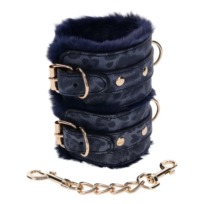 Sportsheets Vibrators Sex Mischief Cougar Fur Handcuffs Navy BlueGold Furry Restraints