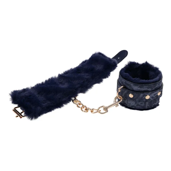 Sportsheets Vibrators Sex Mischief Cougar Fur Handcuffs Navy BlueGold Furry Restraints