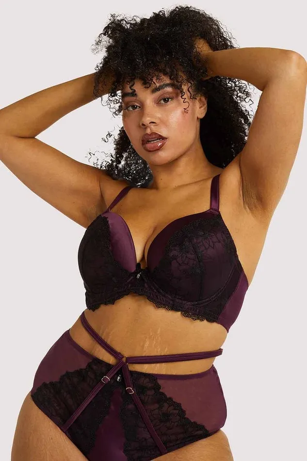 Purple Satin and Black Lace Plus Size Plunge Bra in Muriel luxintenebrislingerie Vibrators