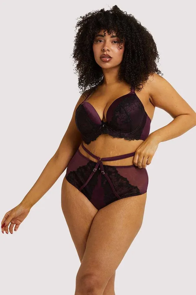 Purple Satin and Black Lace Plus Size Plunge Bra in Muriel luxintenebrislingerie Vibrators