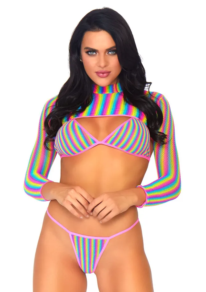 Rainbow Fishnet Top Set One Size Multi Leg Avenue Anal