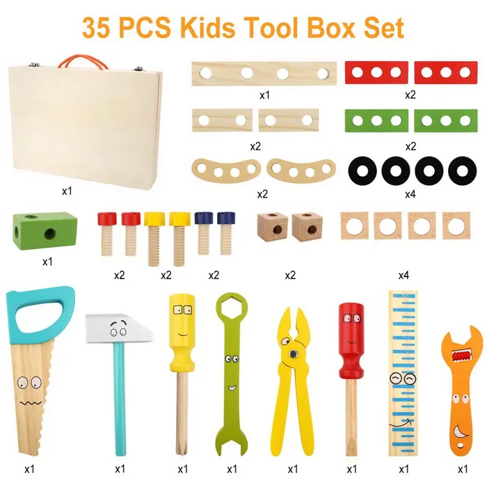 3ZToyBox Anal Tool Kit for Kids Wooden Tool Box Set Childs Carpenters Set