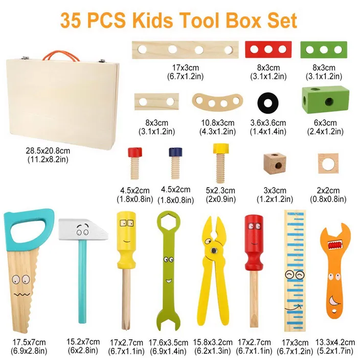 3ZToyBox Anal Tool Kit for Kids Wooden Tool Box Set Childs Carpenters Set