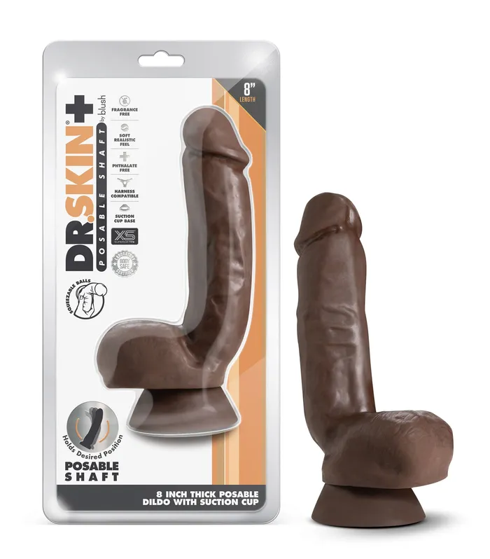 Blush Novelties Dildos Dr Skin Plus 8 Inch Thick Poseable Dildo With Squeezable Balls Chocolate