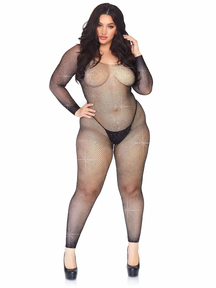 Bodystockings Playsuits Leg Avenue Crystalized Seamless Fishnet Long Sleeved Bodystocking 1x2x Black