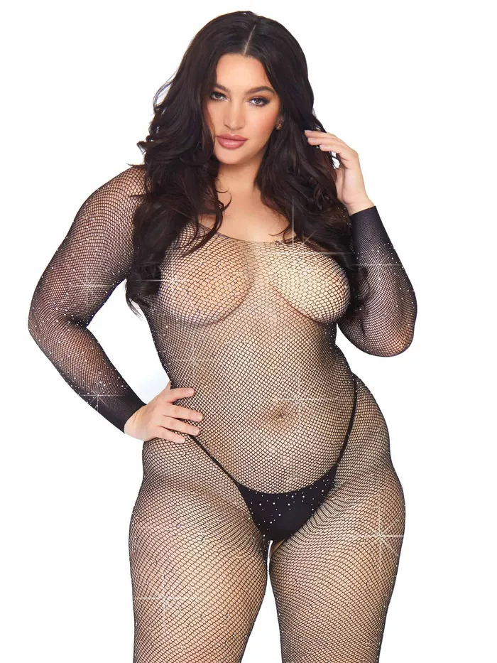 Bodystockings Playsuits Leg Avenue Crystalized Seamless Fishnet Long Sleeved Bodystocking 1x2x Black