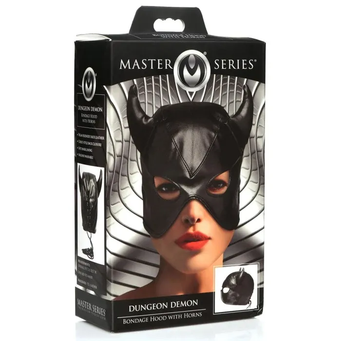 Couples XR Brands Master Series Dungeon Demon Bondage Hood With Horns Black Couples XR Brands Master Series Dungeon Demon Bondage Hood With Horns Black