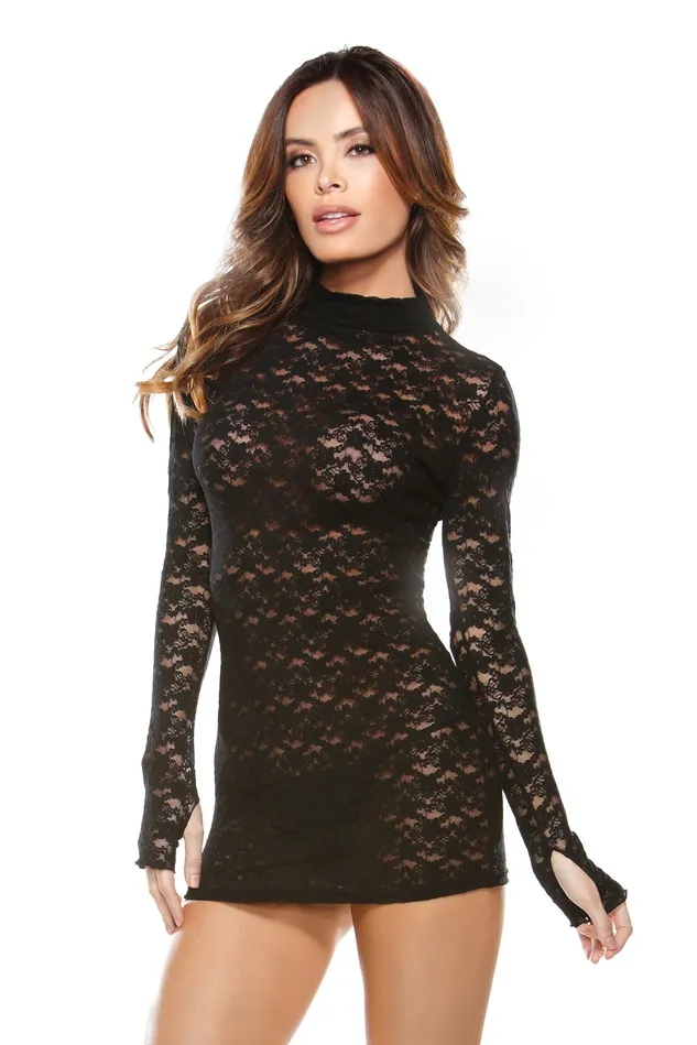 Fantasy Lingerie Teddies And Bodies Lace Long Sleeve Mini Dress One Size Black