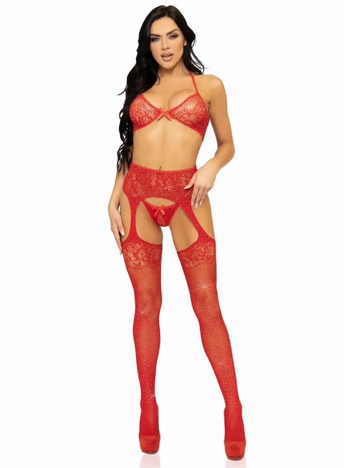 Leg Avenue 3 Pc Rhinestone Bra Top GString and Garter Belt Stockings One Size Red Vibrators