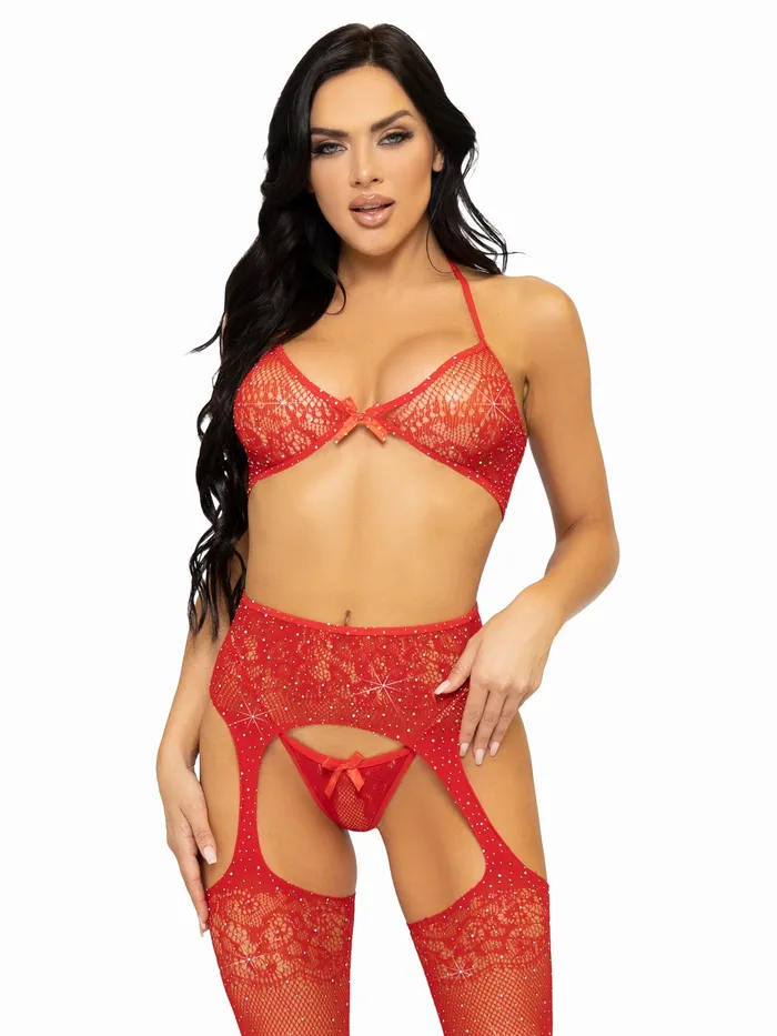 Leg Avenue 3 Pc Rhinestone Bra Top GString and Garter Belt Stockings One Size Red Vibrators