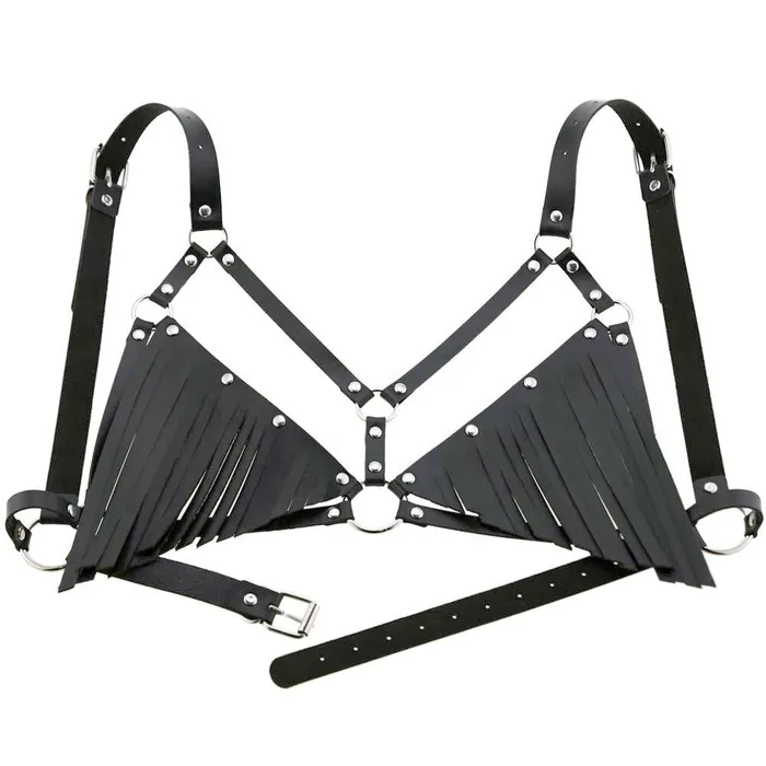 Female Sex Toys Touch of Fur Adjustable Black Leather Harness with Fringe