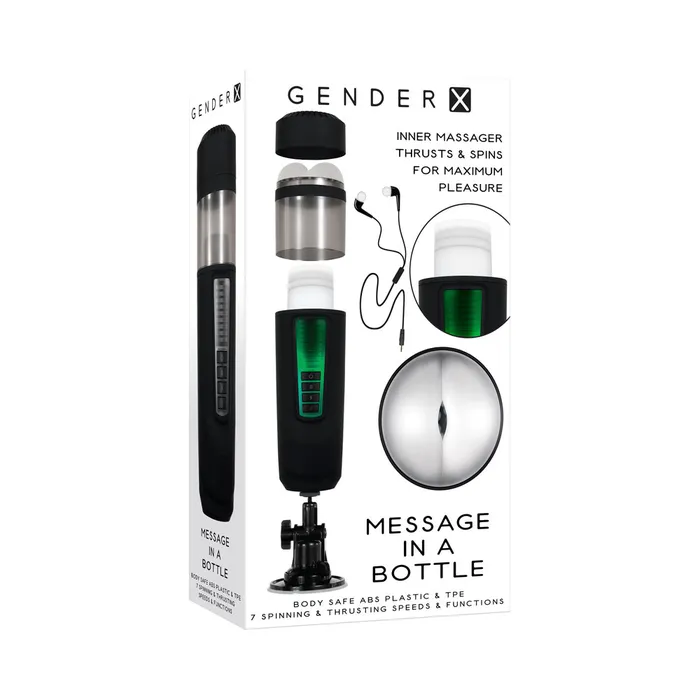 Gender X Anal Gender X Message In A Bottle Rechargeable Thrusting Spinning Stroker with Suction Cup Base Black